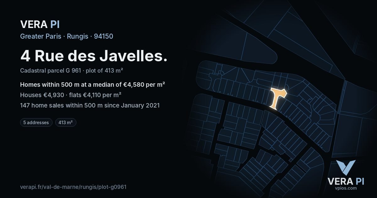 4 Rue des Javelles, Rungis at night – the plot lit, the parcels around coloured by the prices near them