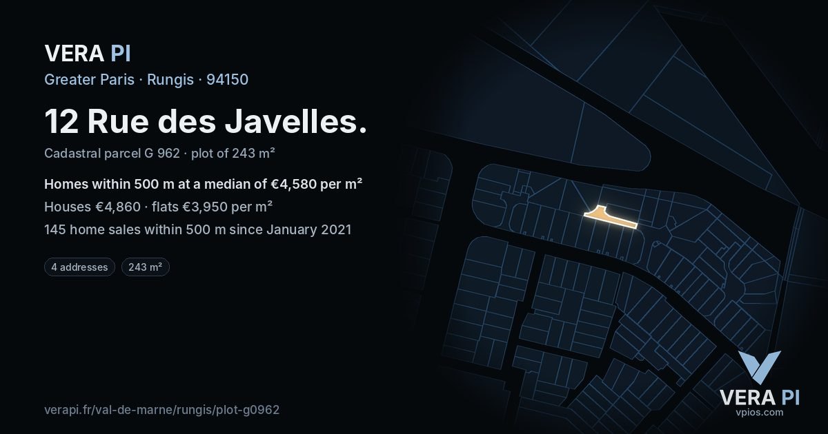 12 Rue des Javelles, Rungis at night – the plot lit, the parcels around coloured by the prices near them