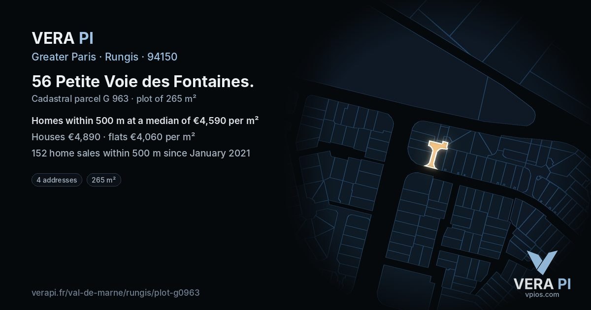 56 Petite Voie des Fontaines, Rungis at night – the plot lit, the parcels around coloured by the prices near them