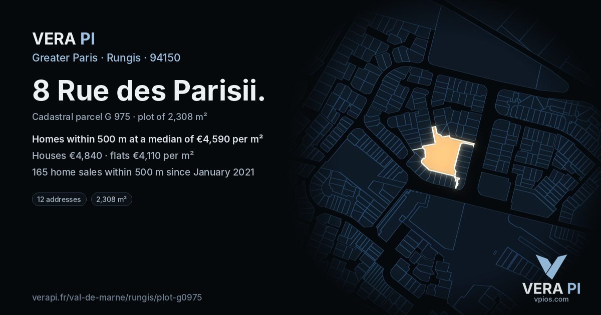 8 Rue des Parisii, Rungis at night – the plot lit, the parcels around coloured by the prices near them