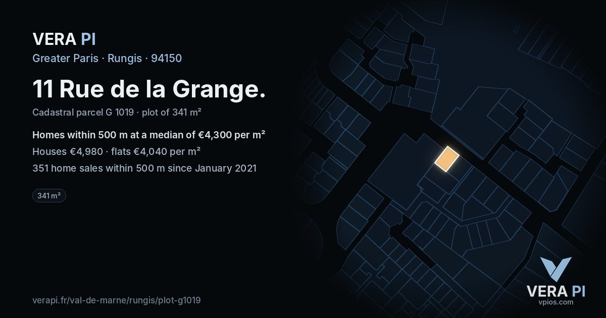 11 Rue de la Grange, Rungis at night – the plot lit, the parcels around coloured by the prices near them