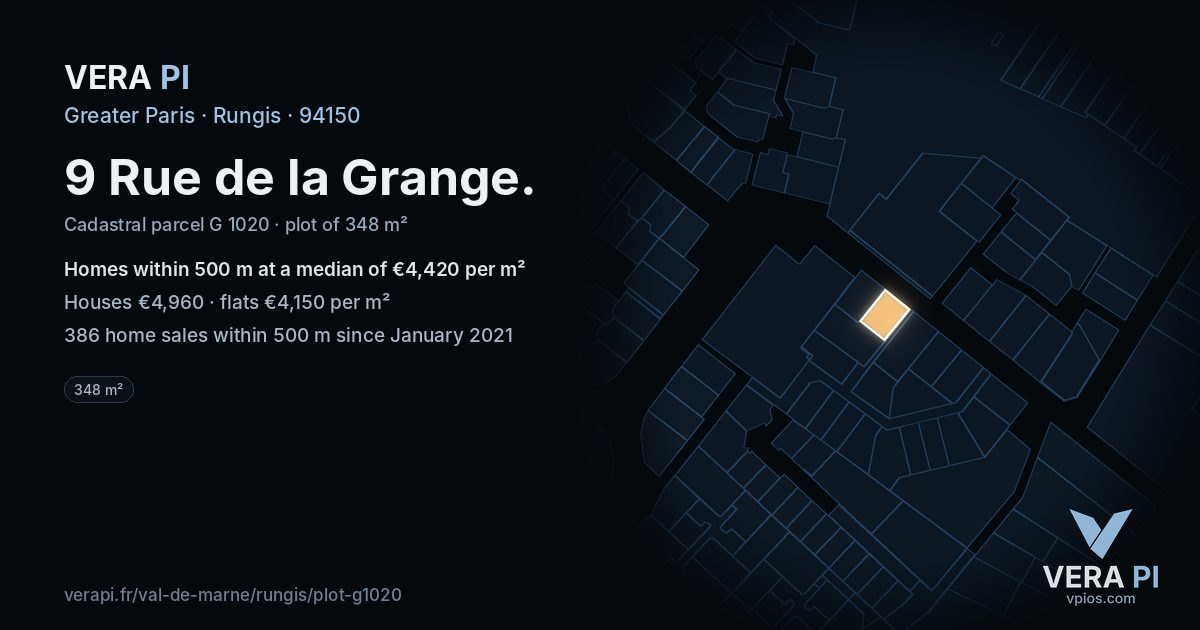 9 Rue de la Grange, Rungis at night – the plot lit, the parcels around coloured by the prices near them