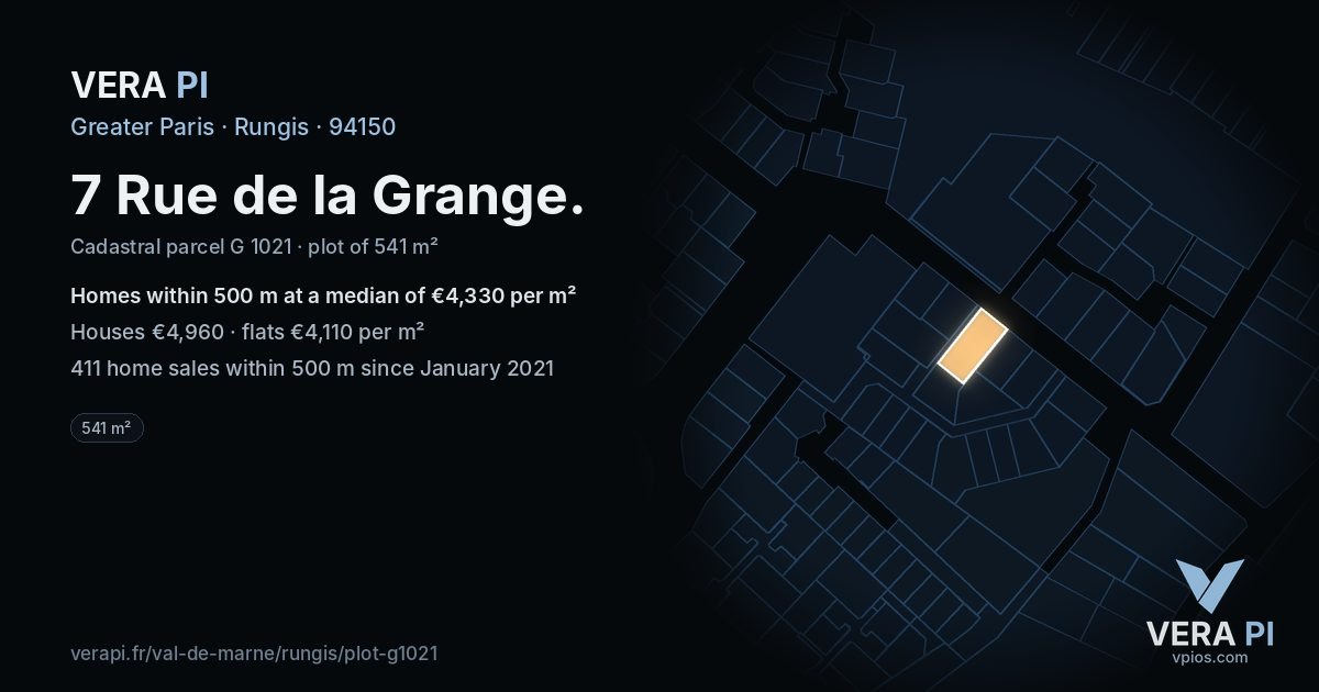 7 Rue de la Grange, Rungis at night – the plot lit, the parcels around coloured by the prices near them