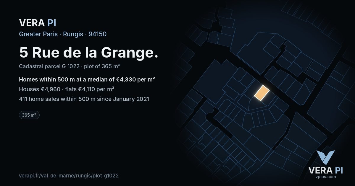 5 Rue de la Grange, Rungis at night – the plot lit, the parcels around coloured by the prices near them