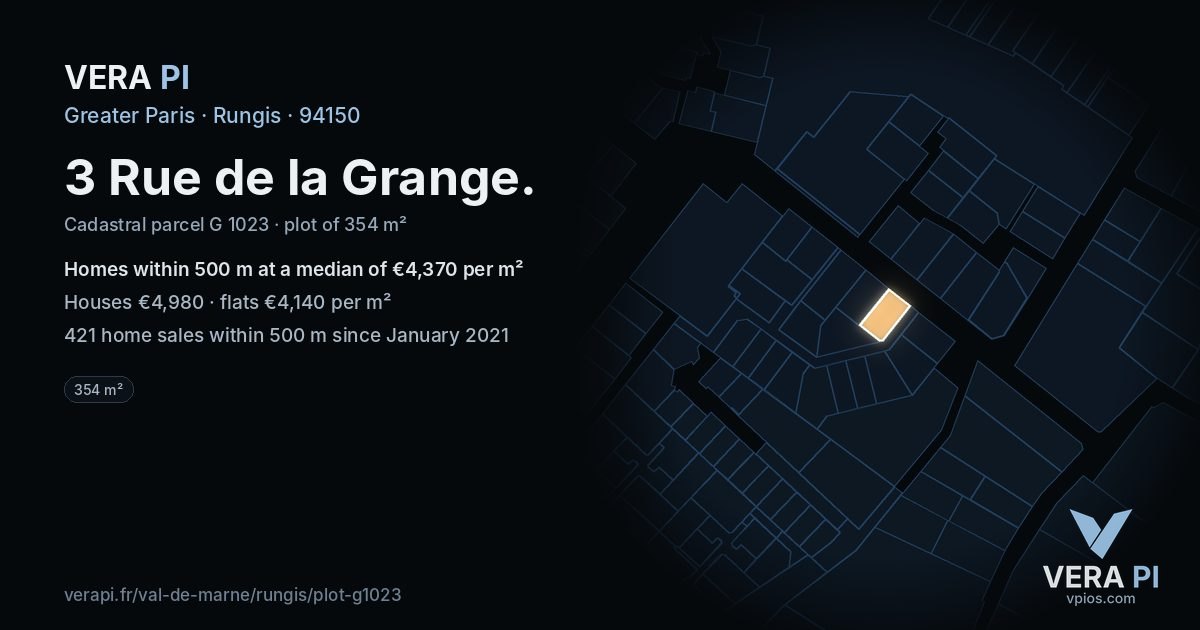 3 Rue de la Grange, Rungis at night – the plot lit, the parcels around coloured by the prices near them