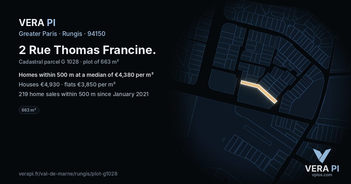 2 Rue Thomas Francine, Rungis at night – the plot lit, the parcels around coloured by the prices near them