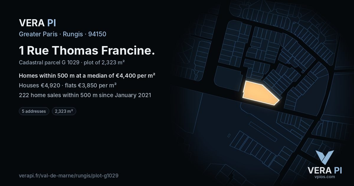 1 Rue Thomas Francine, Rungis at night – the plot lit, the parcels around coloured by the prices near them