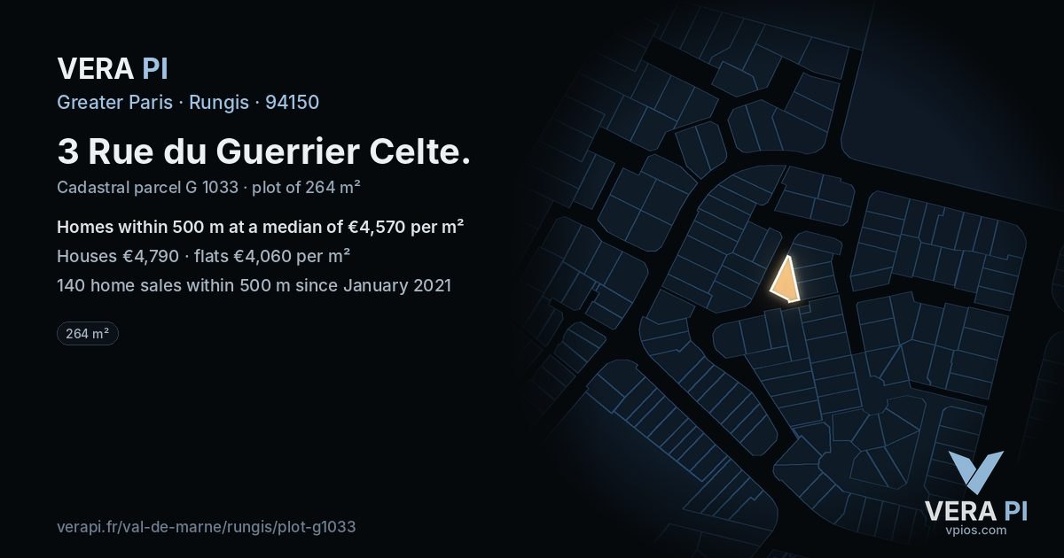 3 Rue du Guerrier Celte, Rungis at night – the plot lit, the parcels around coloured by the prices near them