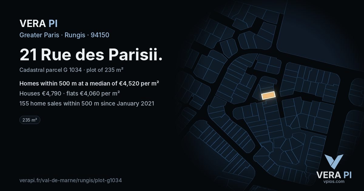 21 Rue des Parisii, Rungis at night – the plot lit, the parcels around coloured by the prices near them