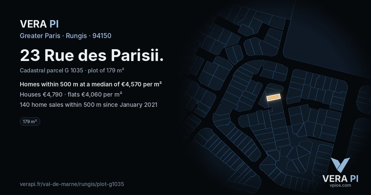 23 Rue des Parisii, Rungis at night – the plot lit, the parcels around coloured by the prices near them