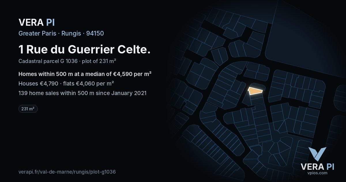 1 Rue du Guerrier Celte, Rungis at night – the plot lit, the parcels around coloured by the prices near them