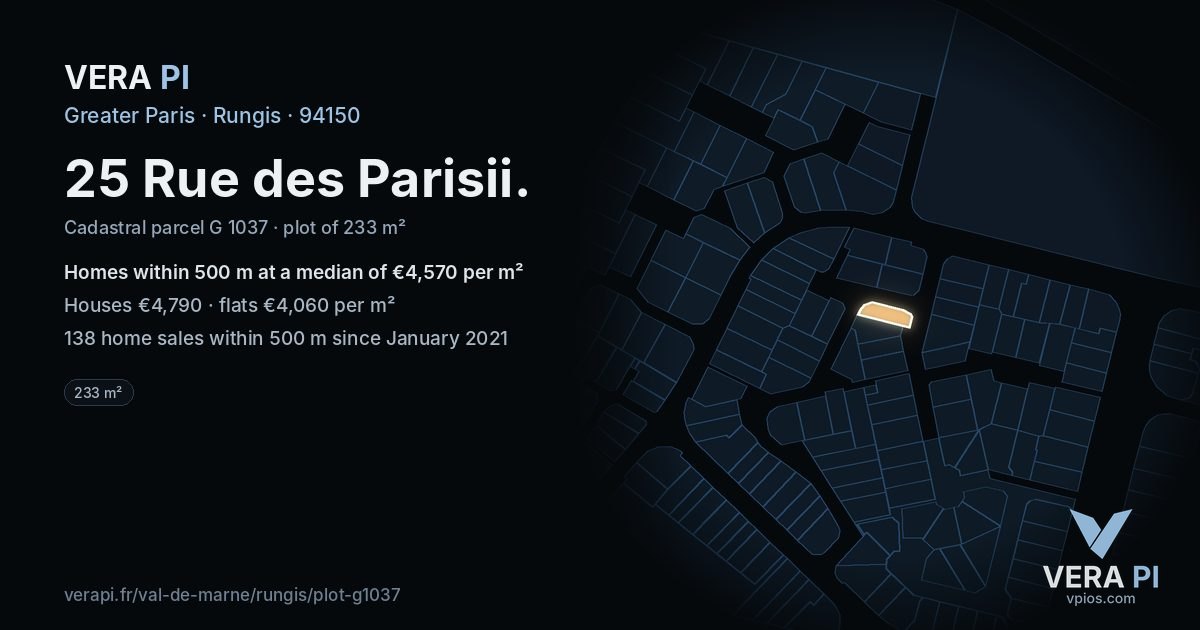 25 Rue des Parisii, Rungis at night – the plot lit, the parcels around coloured by the prices near them