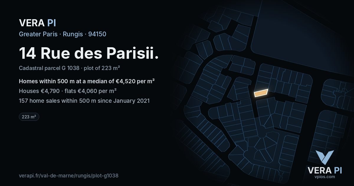 14 Rue des Parisii, Rungis at night – the plot lit, the parcels around coloured by the prices near them