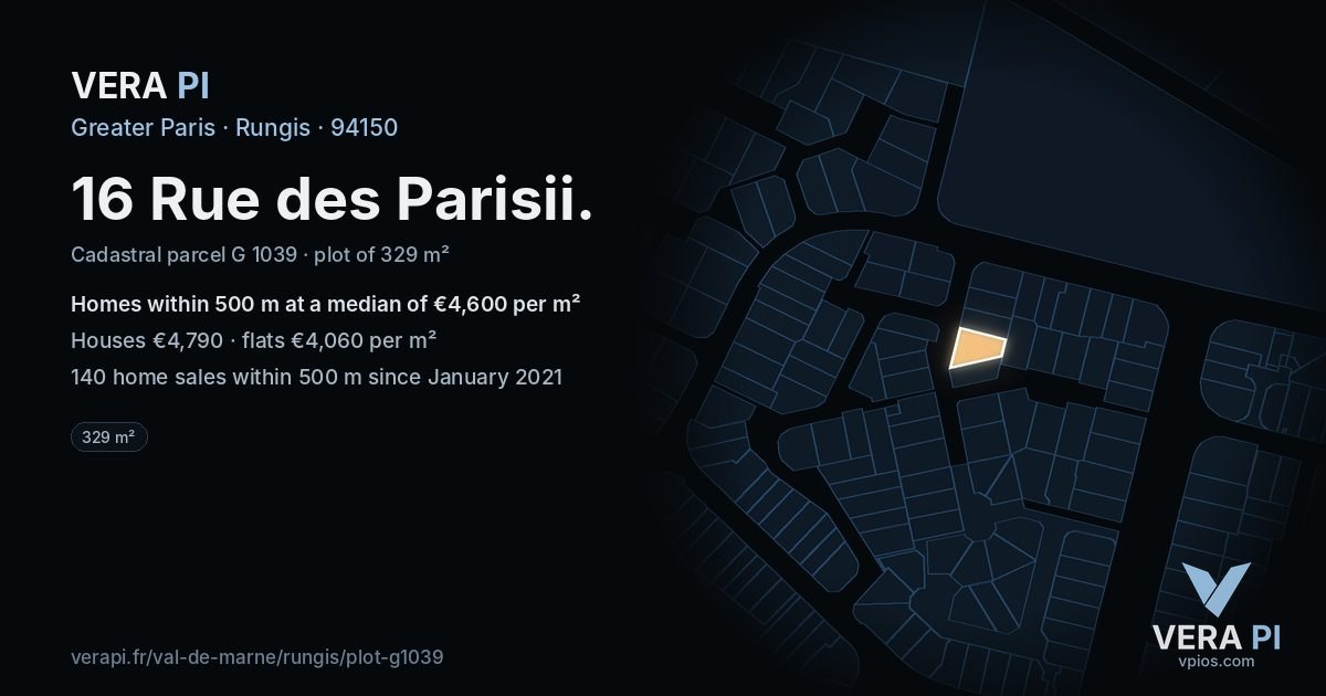 16 Rue des Parisii, Rungis at night – the plot lit, the parcels around coloured by the prices near them
