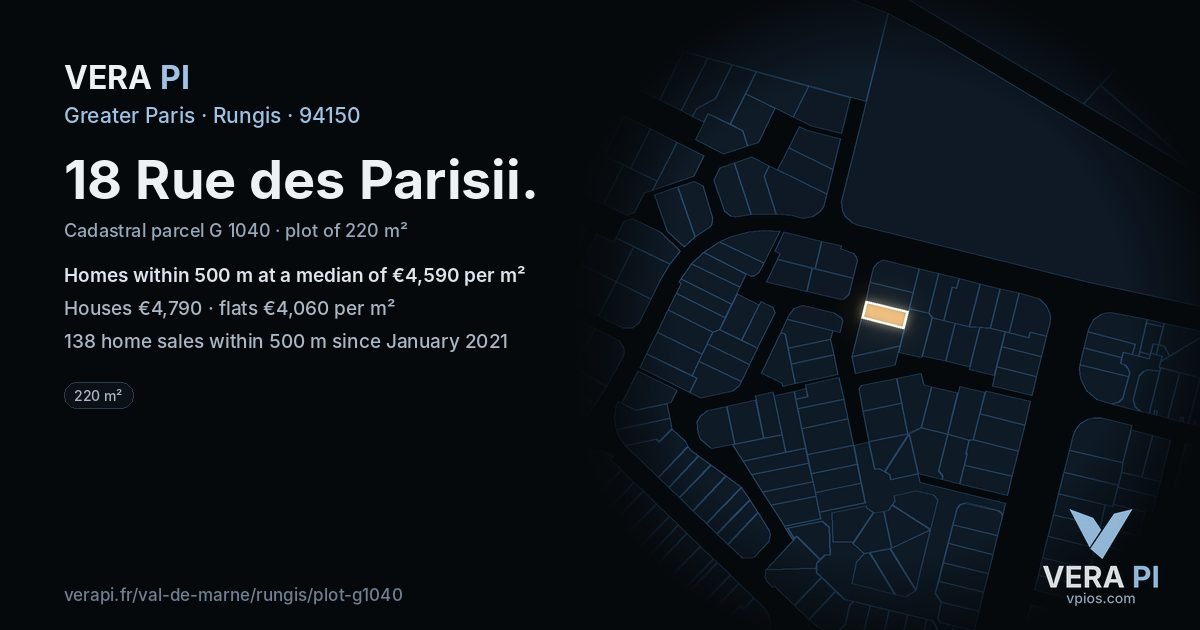 18 Rue des Parisii, Rungis at night – the plot lit, the parcels around coloured by the prices near them