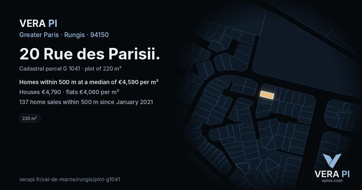 20 Rue des Parisii, Rungis at night – the plot lit, the parcels around coloured by the prices near them