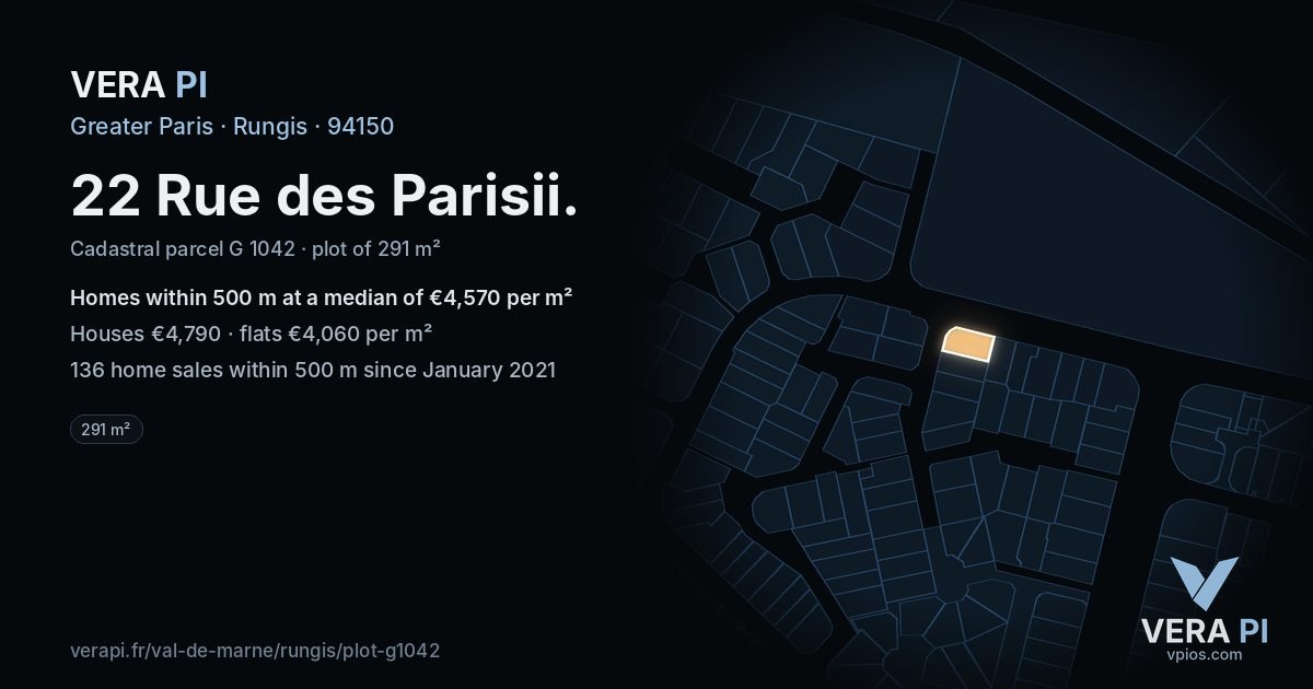 22 Rue des Parisii, Rungis at night – the plot lit, the parcels around coloured by the prices near them