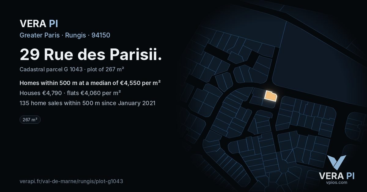 29 Rue des Parisii, Rungis at night – the plot lit, the parcels around coloured by the prices near them