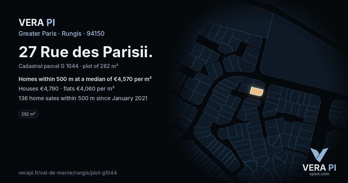 27 Rue des Parisii, Rungis at night – the plot lit, the parcels around coloured by the prices near them