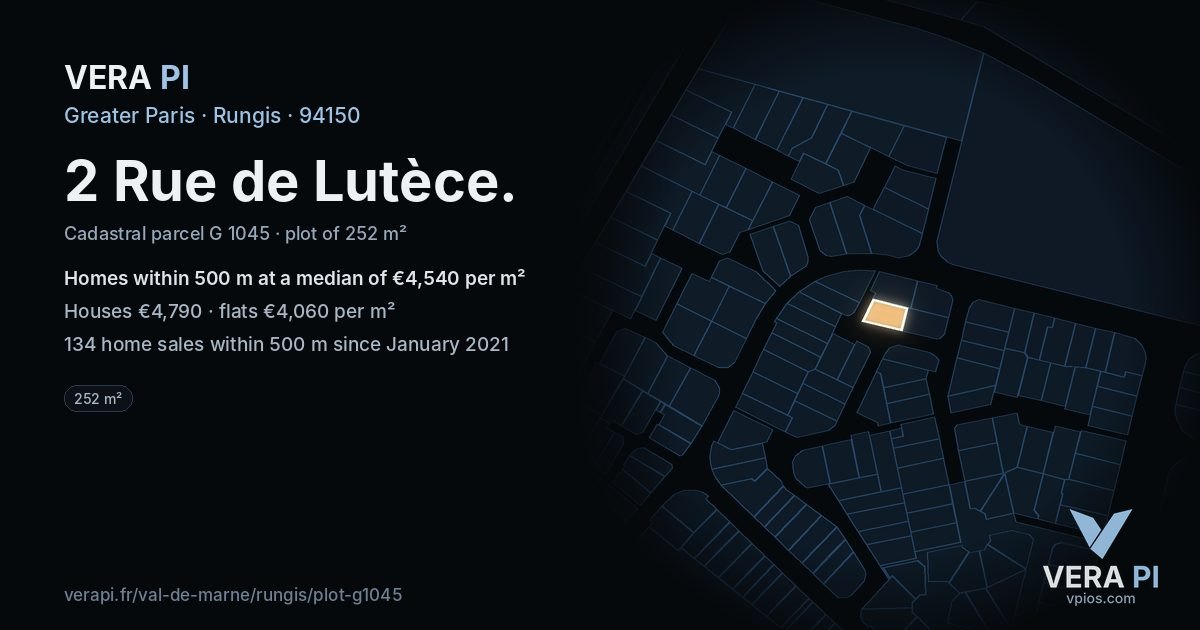 2 Rue de Lutèce, Rungis at night – the plot lit, the parcels around coloured by the prices near them