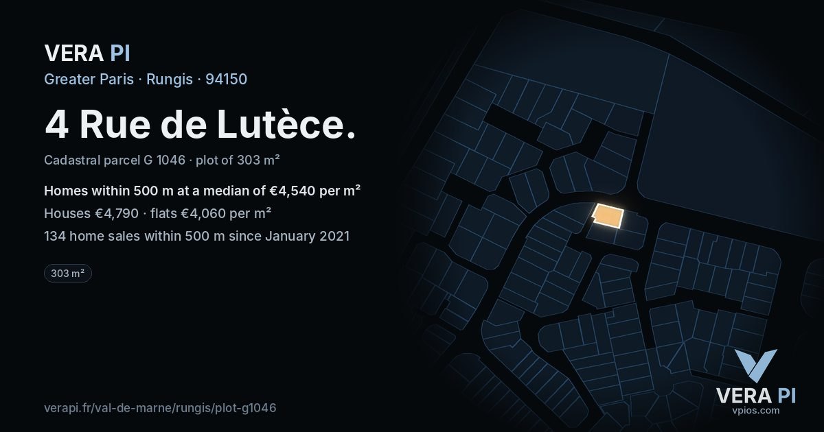 4 Rue de Lutèce, Rungis at night – the plot lit, the parcels around coloured by the prices near them