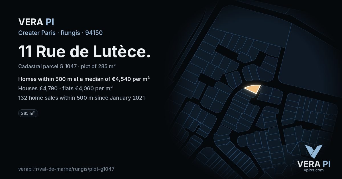 11 Rue de Lutèce, Rungis at night – the plot lit, the parcels around coloured by the prices near them
