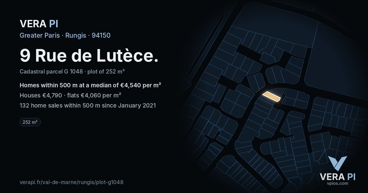 9 Rue de Lutèce, Rungis at night – the plot lit, the parcels around coloured by the prices near them