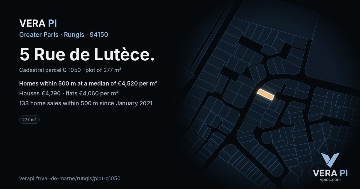 5 Rue de Lutèce, Rungis at night – the plot lit, the parcels around coloured by the prices near them