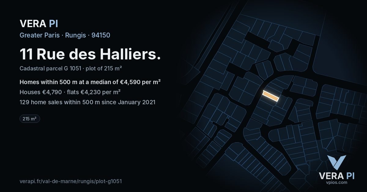11 Rue des Halliers, Rungis at night – the plot lit, the parcels around coloured by the prices near them