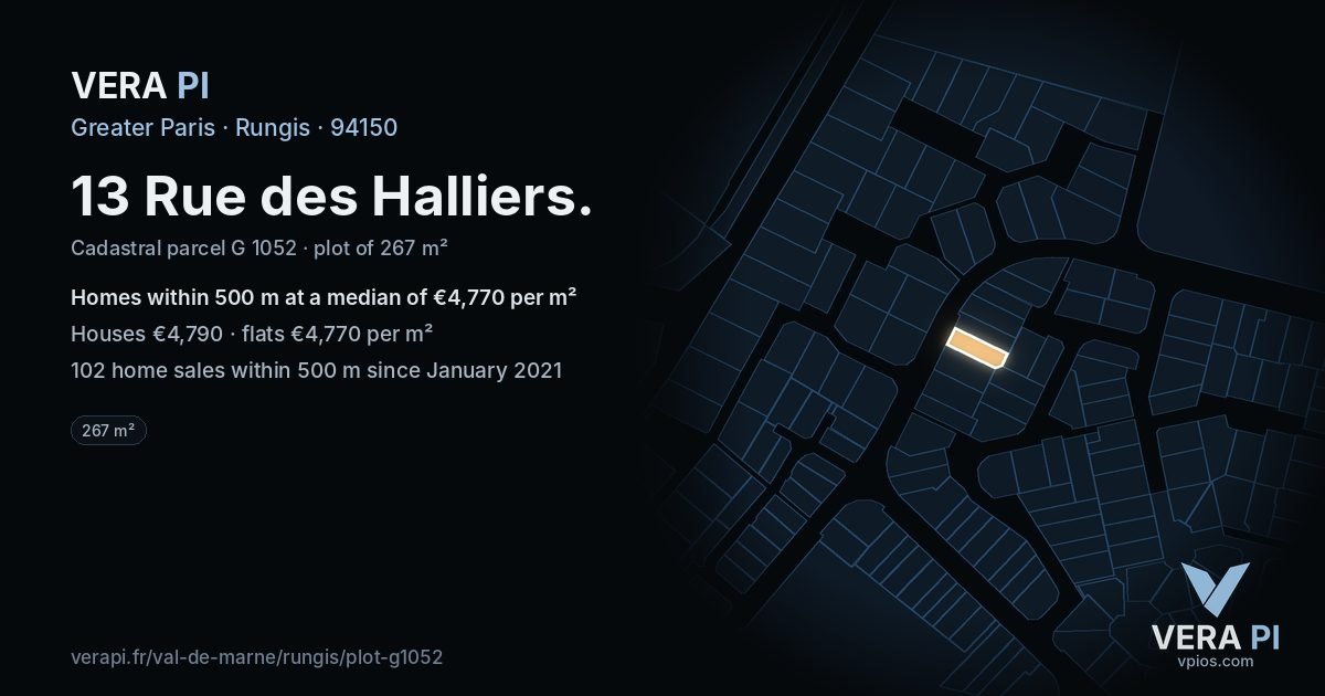 13 Rue des Halliers, Rungis at night – the plot lit, the parcels around coloured by the prices near them