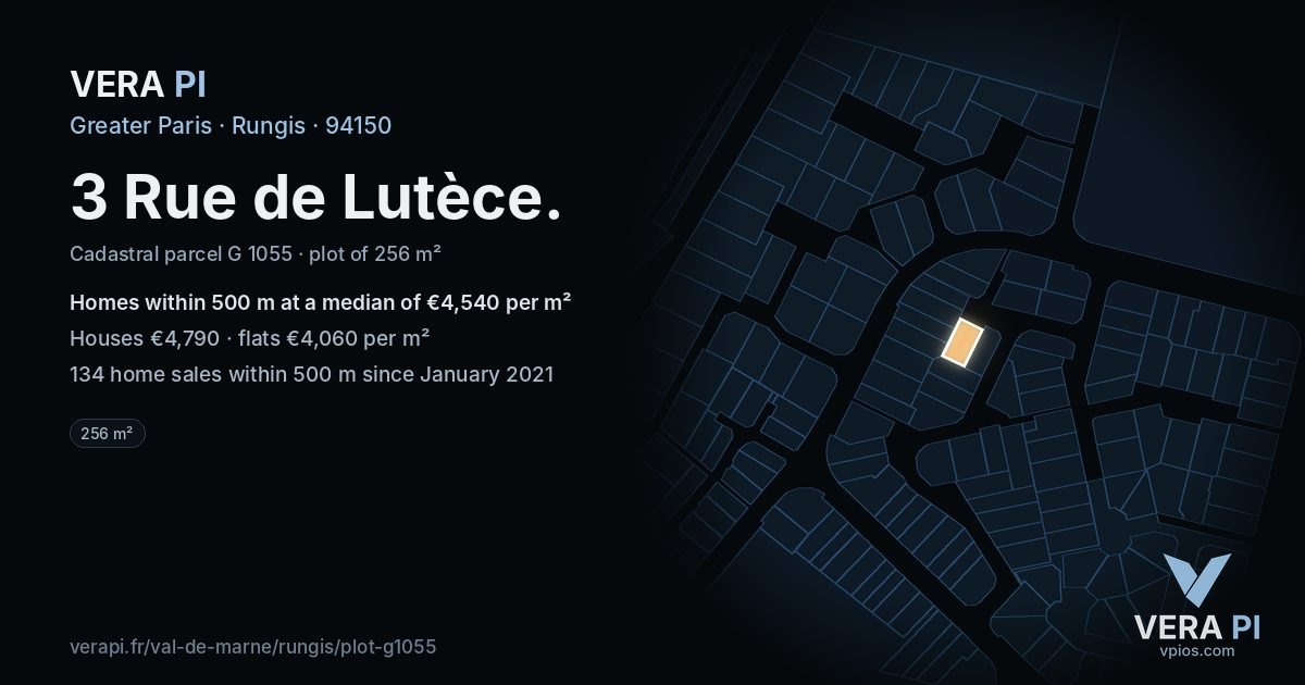 3 Rue de Lutèce, Rungis at night – the plot lit, the parcels around coloured by the prices near them