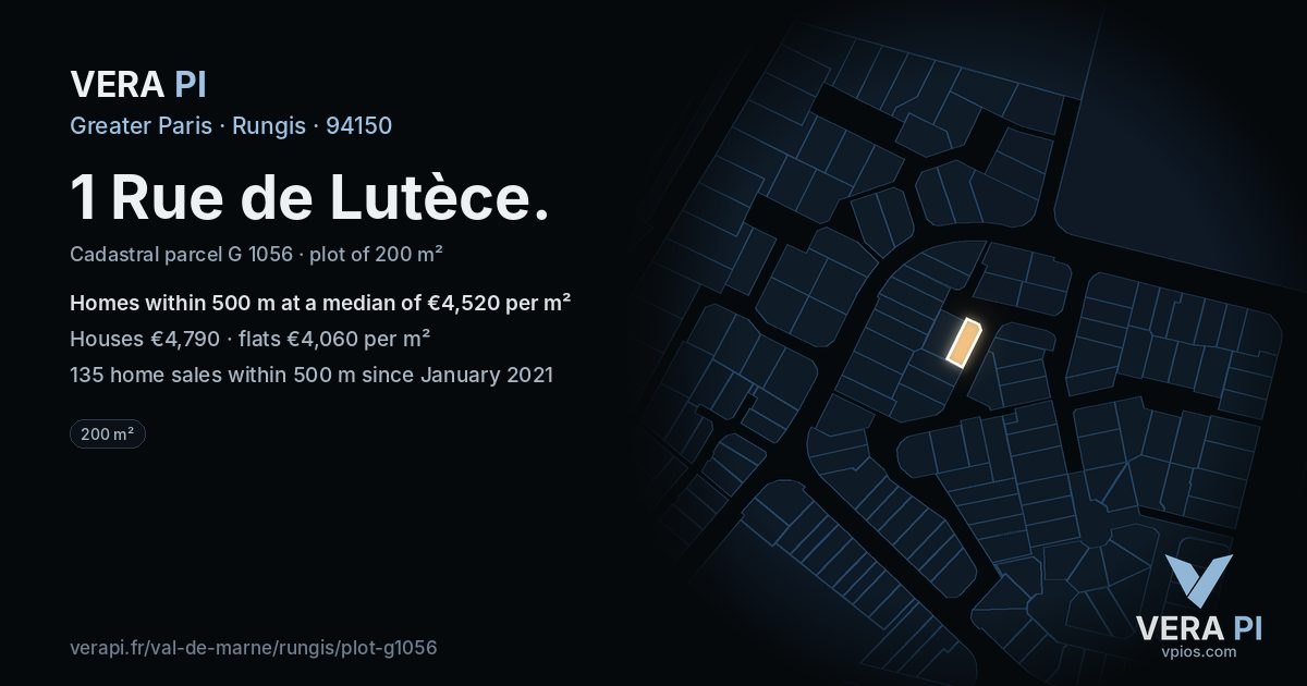 1 Rue de Lutèce, Rungis at night – the plot lit, the parcels around coloured by the prices near them