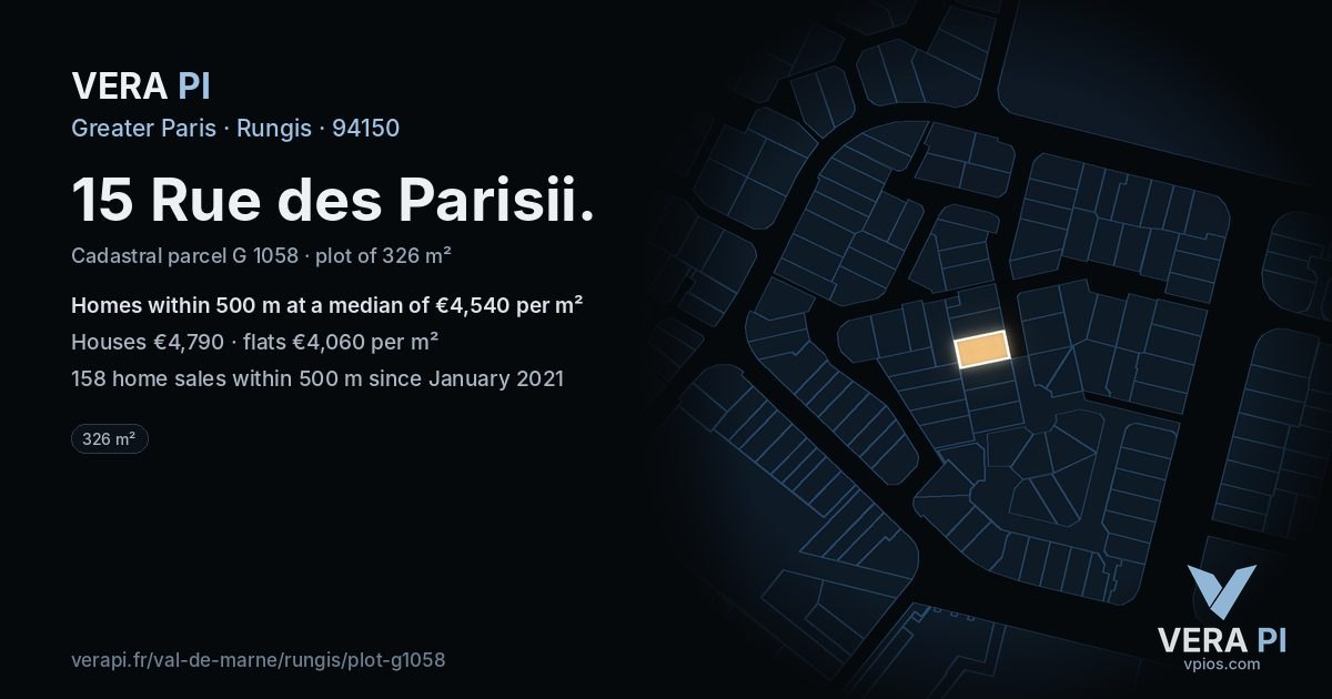 15 Rue des Parisii, Rungis at night – the plot lit, the parcels around coloured by the prices near them