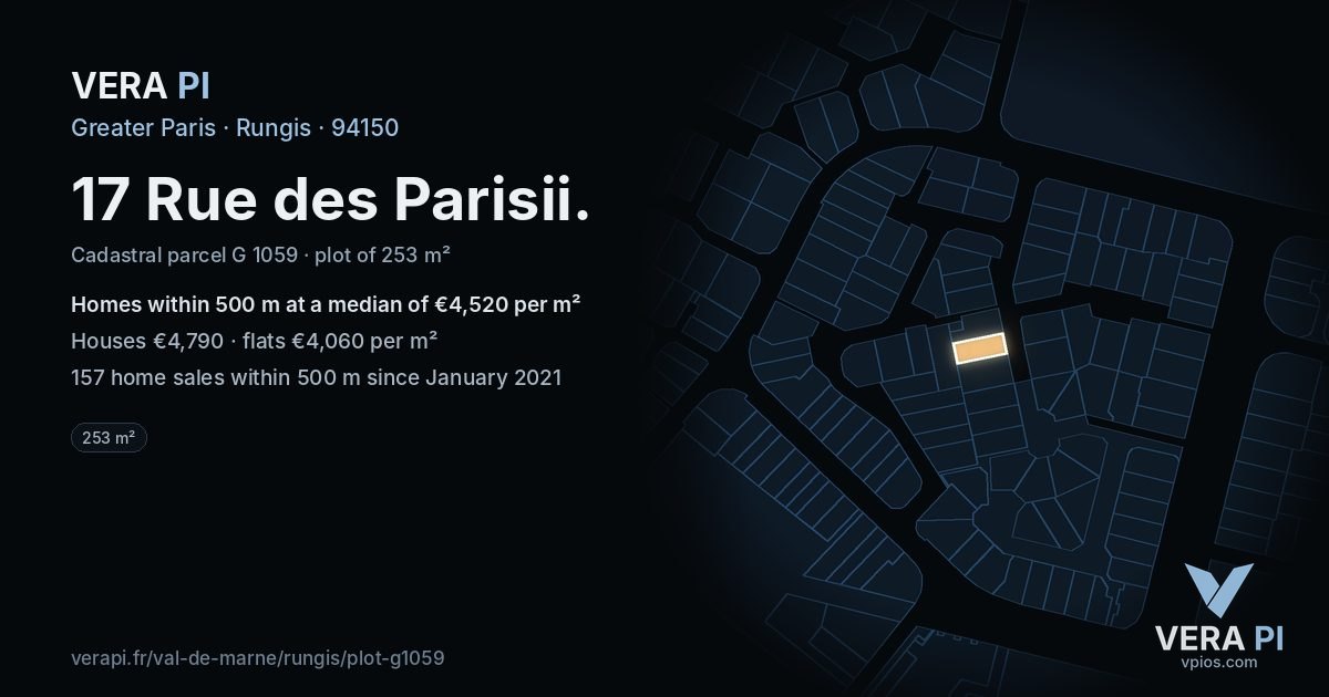 17 Rue des Parisii, Rungis at night – the plot lit, the parcels around coloured by the prices near them