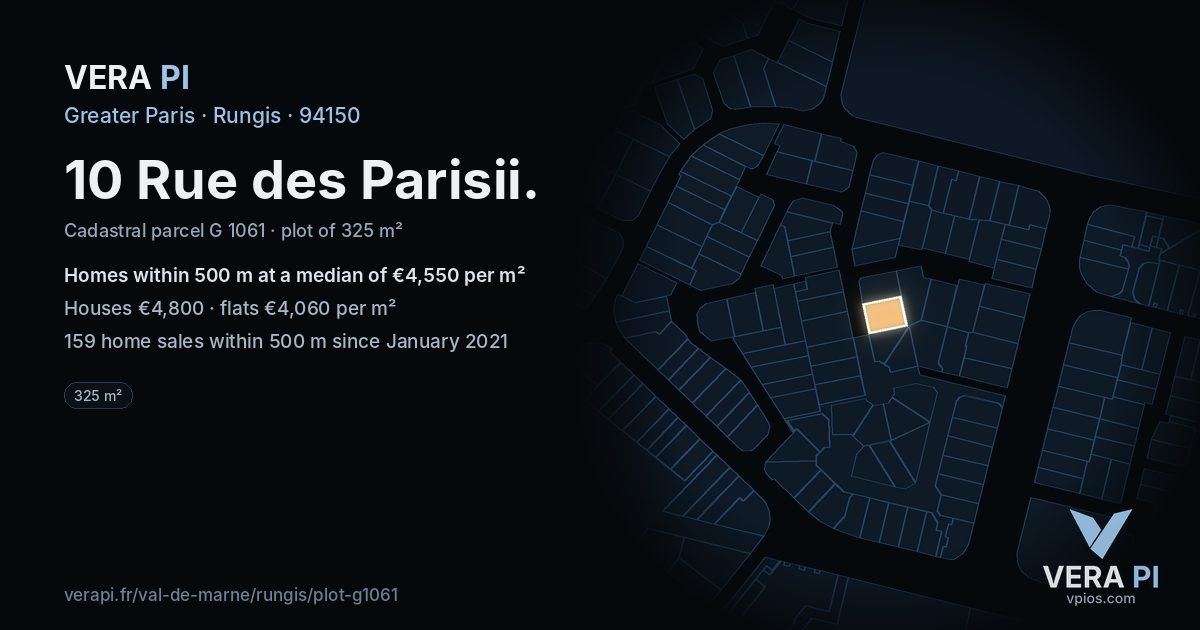 10 Rue des Parisii, Rungis at night – the plot lit, the parcels around coloured by the prices near them