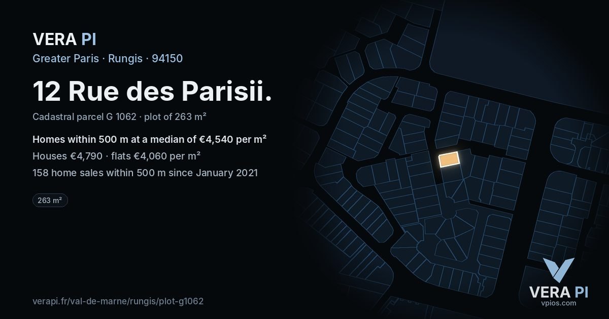 12 Rue des Parisii, Rungis at night – the plot lit, the parcels around coloured by the prices near them