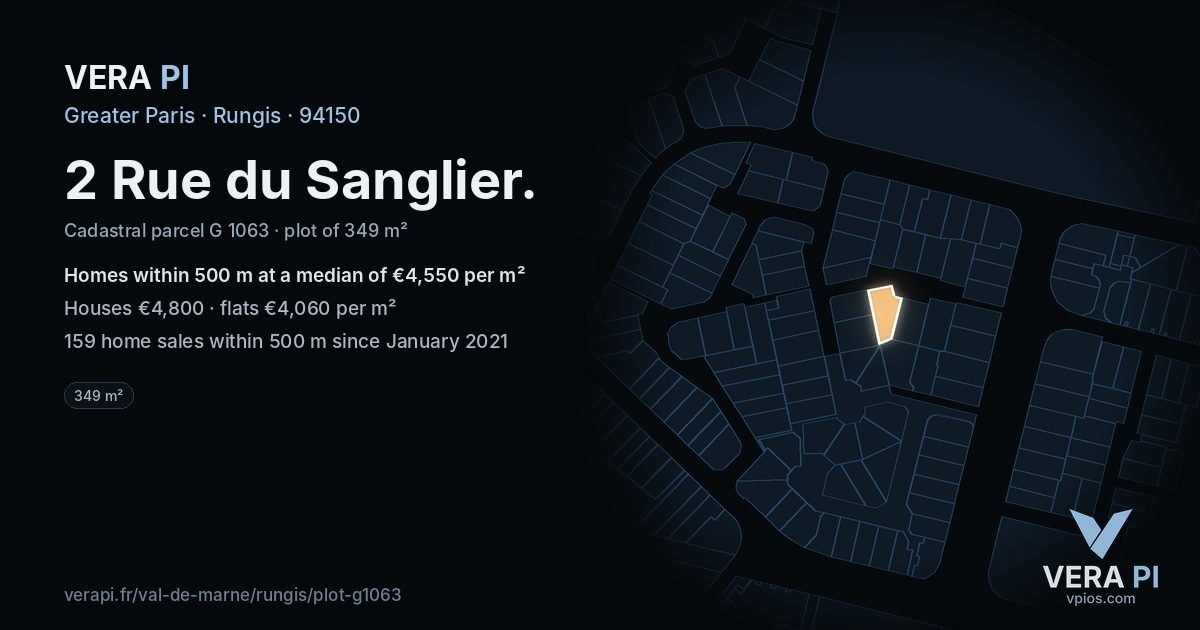 2 Rue du Sanglier, Rungis at night – the plot lit, the parcels around coloured by the prices near them