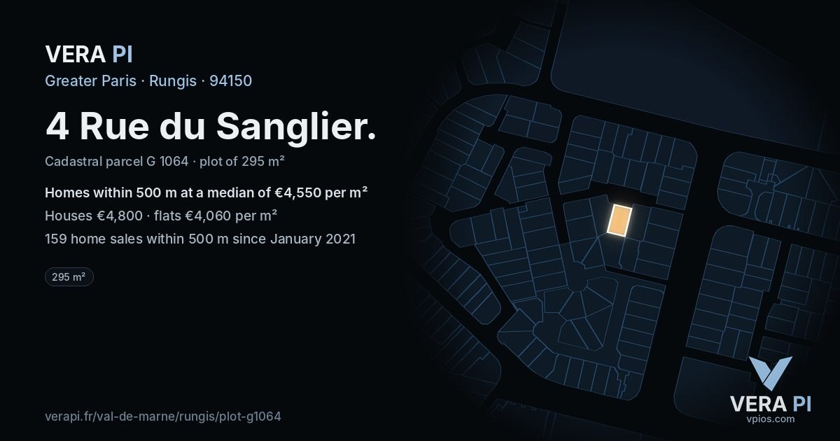 4 Rue du Sanglier, Rungis at night – the plot lit, the parcels around coloured by the prices near them