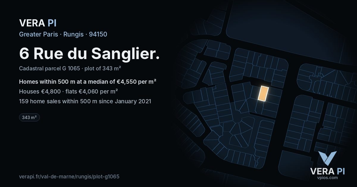 6 Rue du Sanglier, Rungis at night – the plot lit, the parcels around coloured by the prices near them