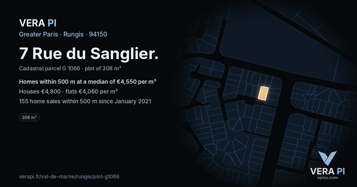 7 Rue du Sanglier, Rungis at night – the plot lit, the parcels around coloured by the prices near them