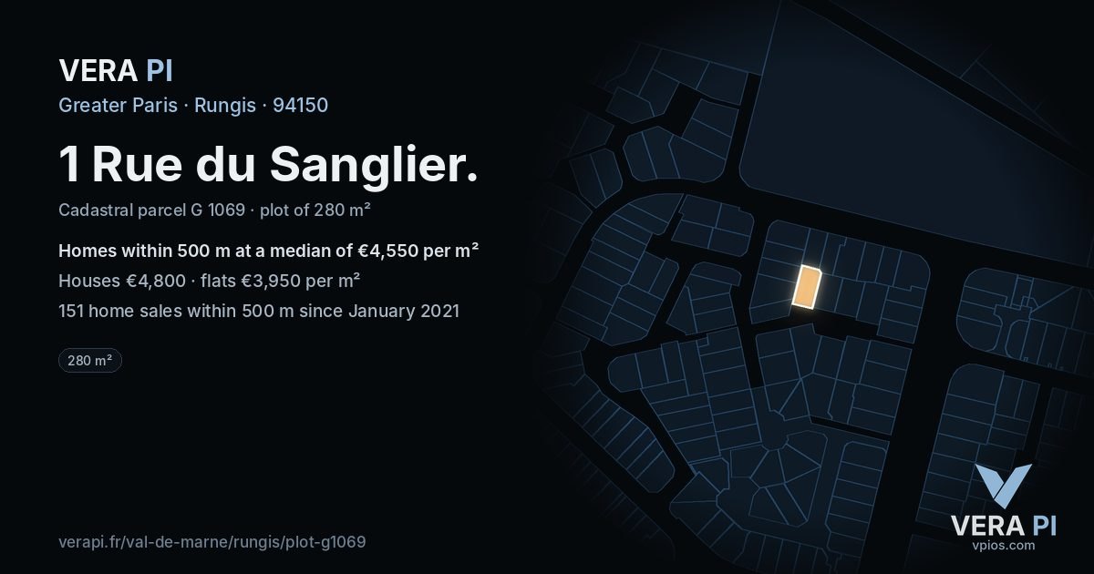 1 Rue du Sanglier, Rungis at night – the plot lit, the parcels around coloured by the prices near them