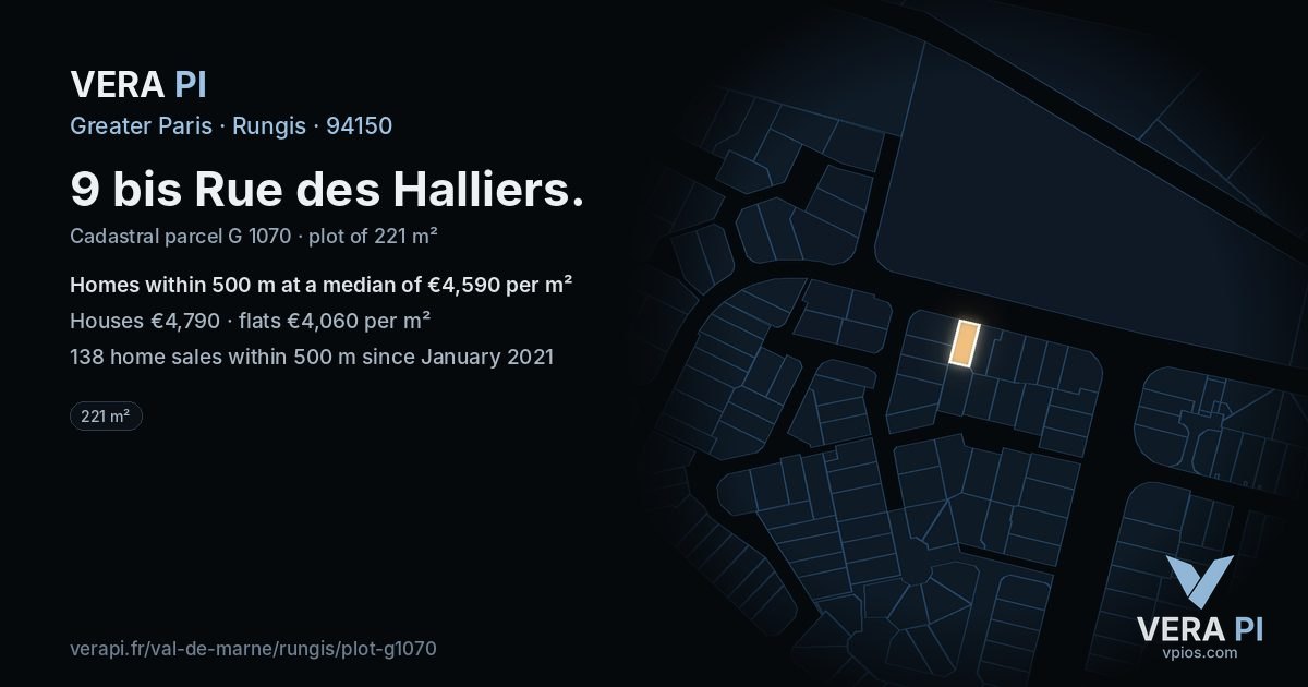 9 bis Rue des Halliers, Rungis at night – the plot lit, the parcels around coloured by the prices near them