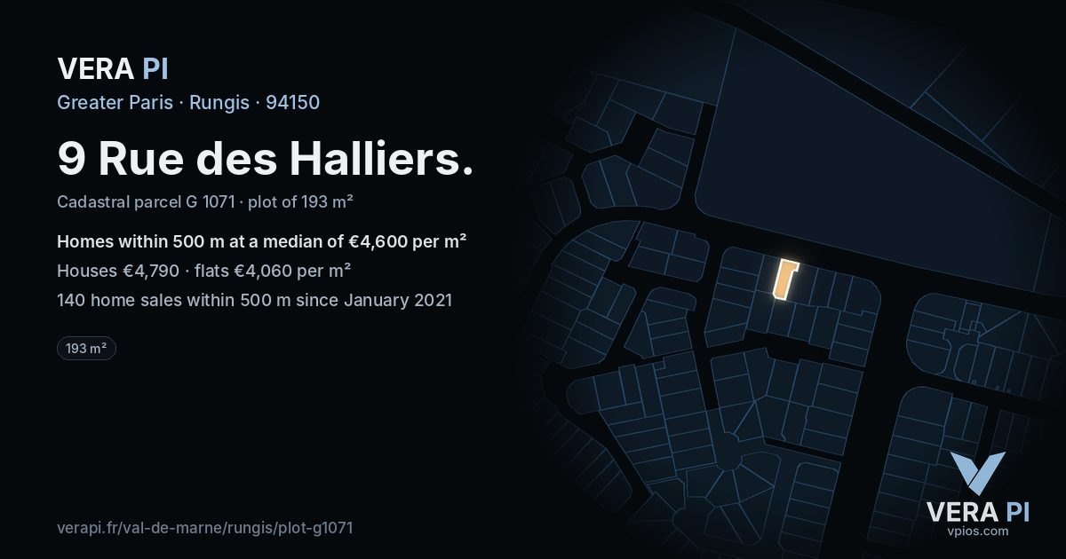 9 Rue des Halliers, Rungis at night – the plot lit, the parcels around coloured by the prices near them