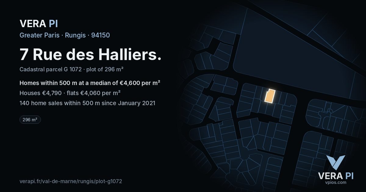 7 Rue des Halliers, Rungis at night – the plot lit, the parcels around coloured by the prices near them