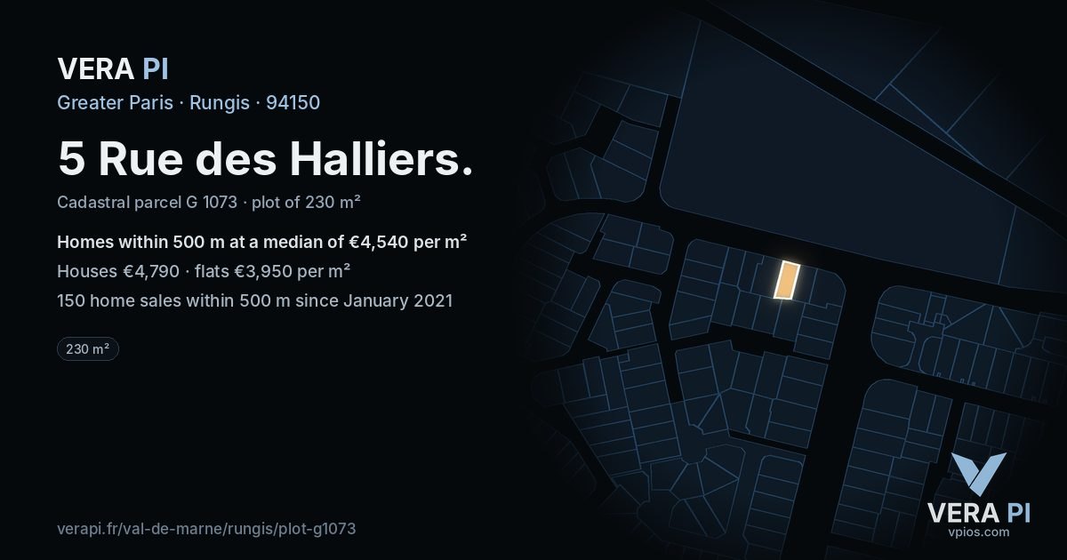 5 Rue des Halliers, Rungis at night – the plot lit, the parcels around coloured by the prices near them