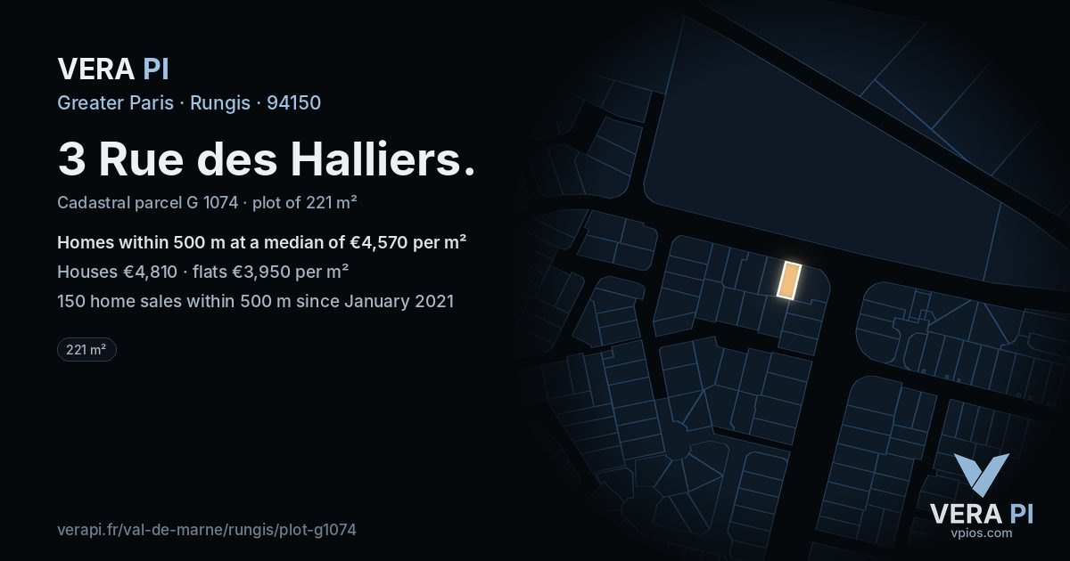 3 Rue des Halliers, Rungis at night – the plot lit, the parcels around coloured by the prices near them
