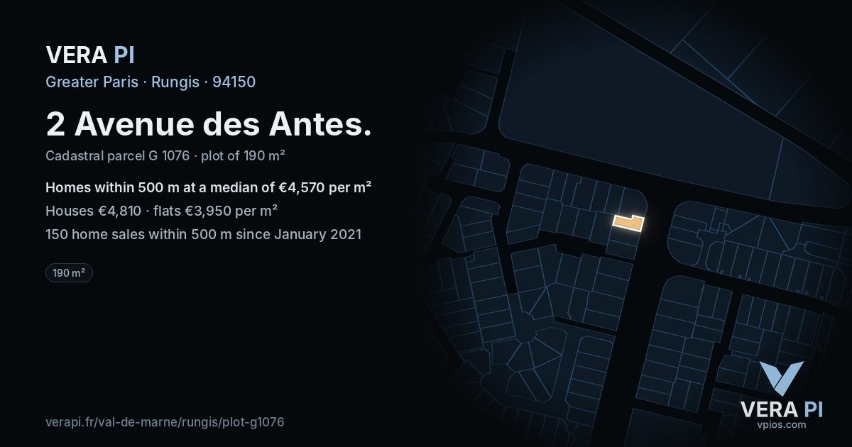 2 Avenue des Antes, Rungis at night – the plot lit, the parcels around coloured by the prices near them