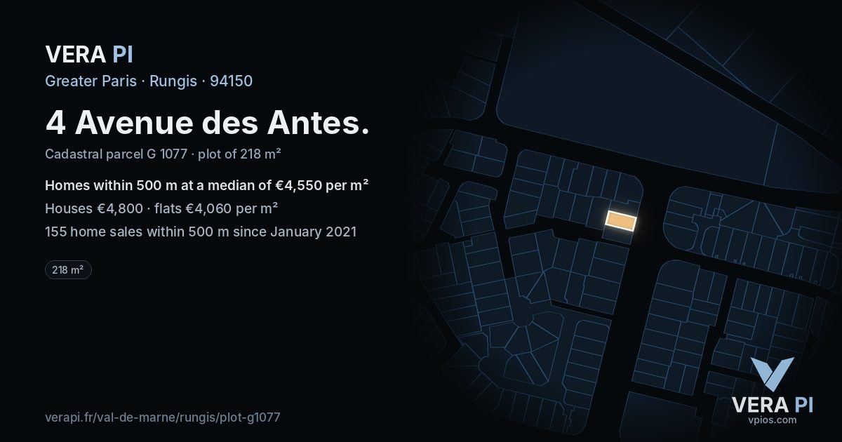 4 Avenue des Antes, Rungis at night – the plot lit, the parcels around coloured by the prices near them