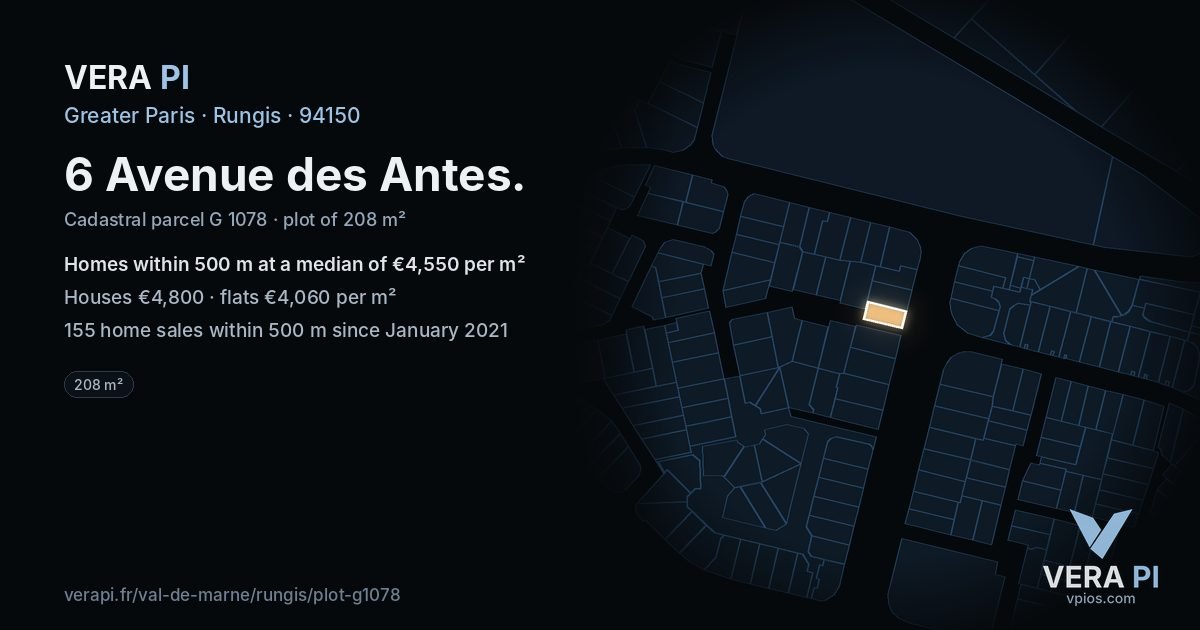6 Avenue des Antes, Rungis at night – the plot lit, the parcels around coloured by the prices near them