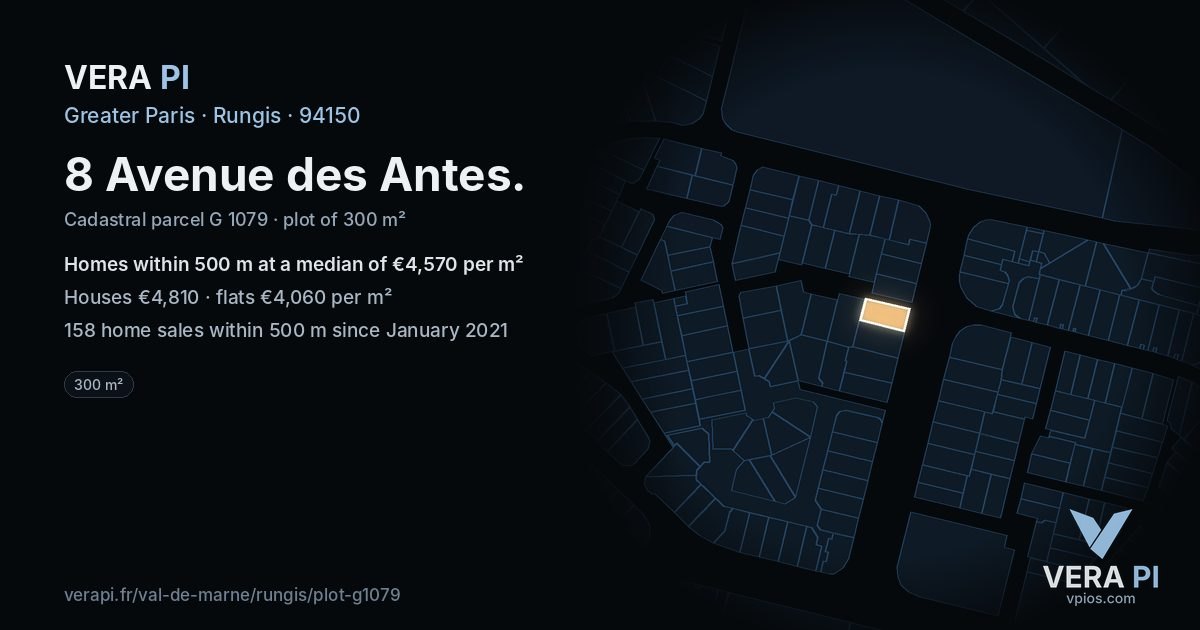 8 Avenue des Antes, Rungis at night – the plot lit, the parcels around coloured by the prices near them